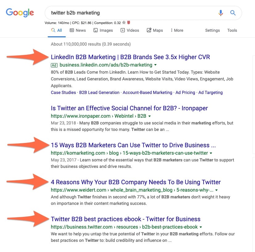 Google search for "twitter b2b marketing"