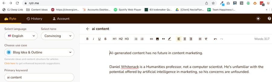 AI content generator result "AI-generated content has no future in content marketing"