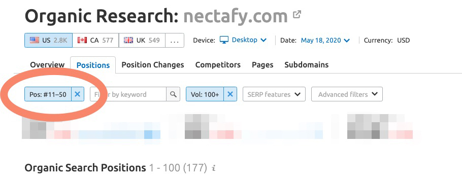 Using SEMRush to find opportunities for positions #11-50 of Google for Nectafy