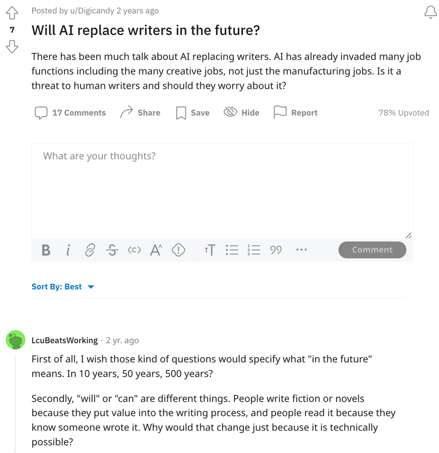 Will AI replace content writers? Reddit answer