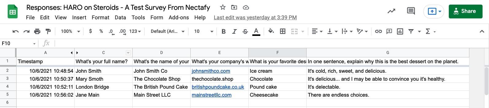 Google sheet raw responses - Nectafy