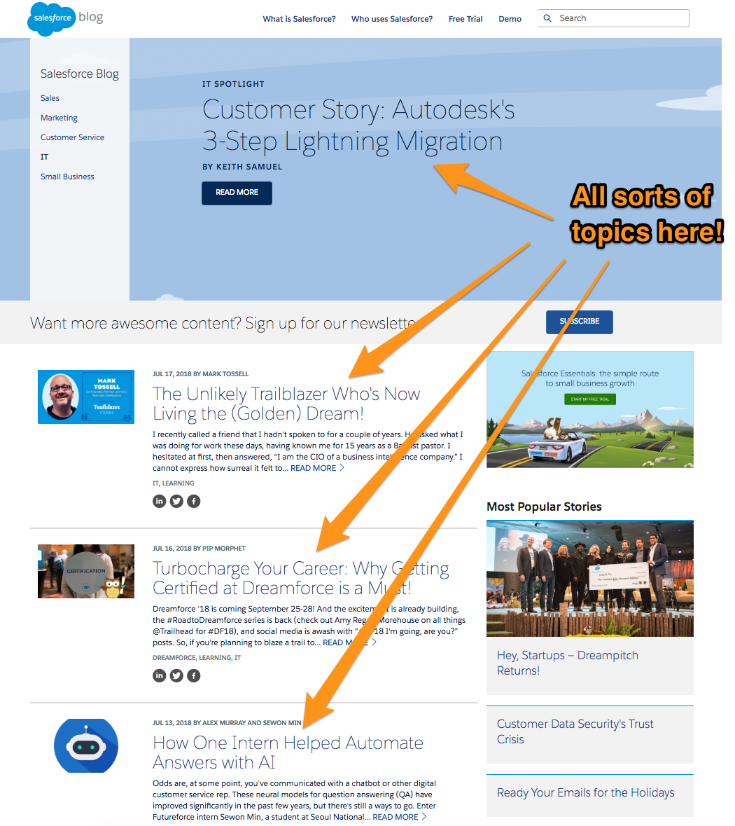 The many topics on Salesforce's blog