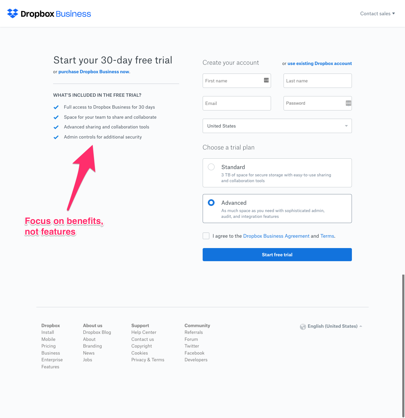 Dropbox landing page