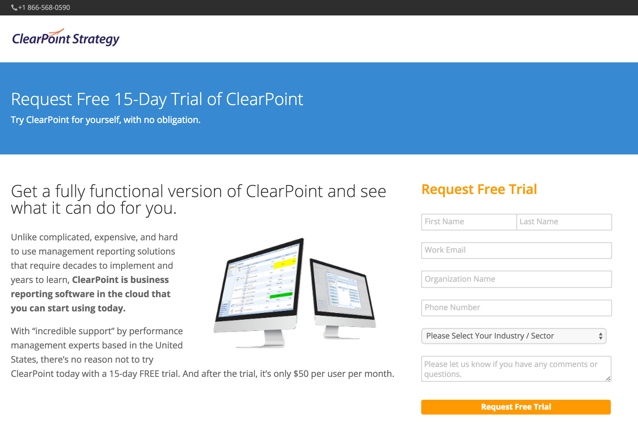 Request free trial form on landing page